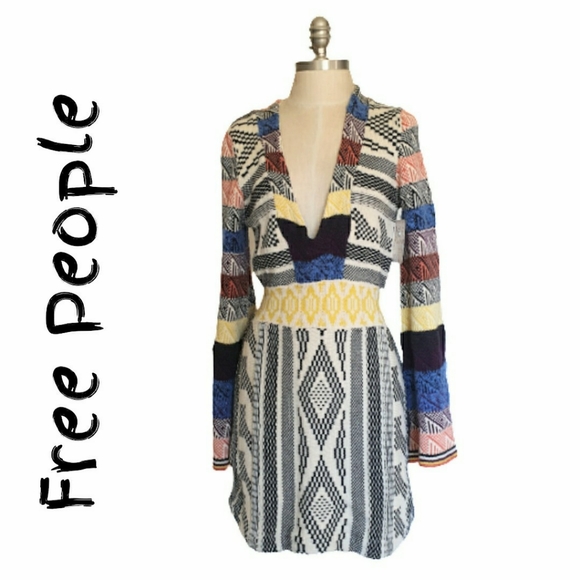 Free People Patchwork Sweater Dress in Cream Multi Combo Sz XS - Picture 2 of 14